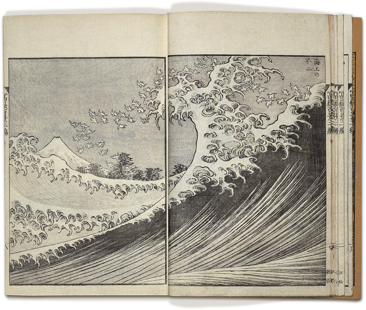 A large ocean wave is depicted in an idiosyncratic style.