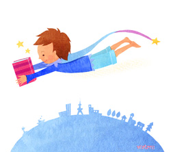 空を飛びながら本を読むwataruのイラスト