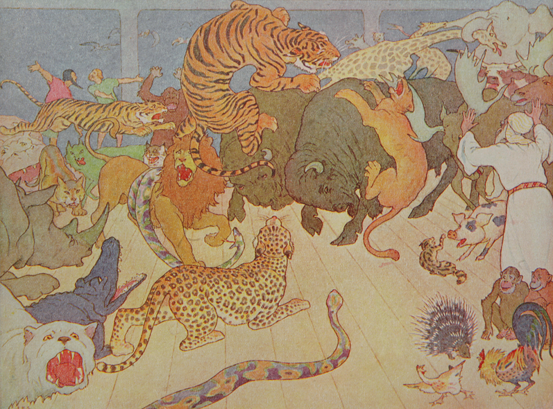 Animals are depicted in a style similar to that in which leopards and fowls in Kyosai's drawings are depicted.