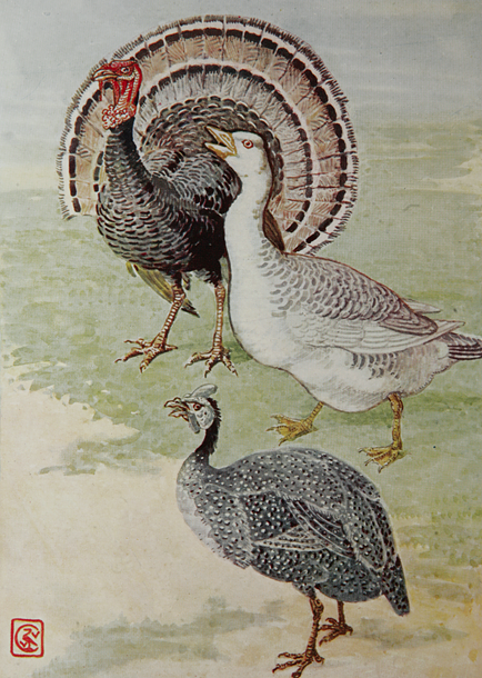 A fowl is depicted in a style similar to that of Hokusai's drawings.