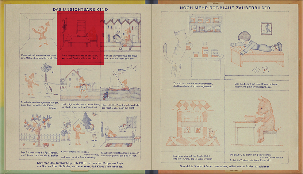 page 5-6 of The Magic Boat: Red cellophane is placed over pictures drawn in red and blue ink. The red ink becomes invisible, and only the blue ink areas can be seen.