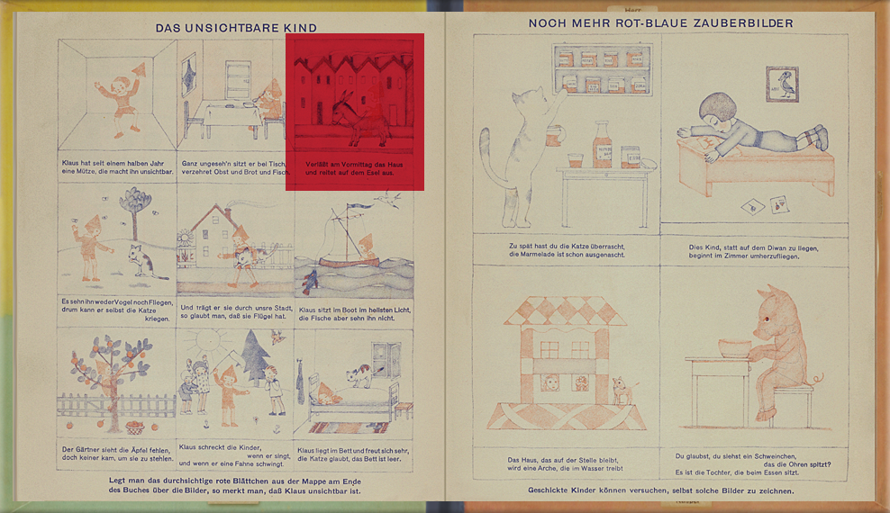 page 5-6 of The Magic Boat: Red cellophane is placed over pictures drawn in red and blue ink. The red ink becomes invisible, and only the blue ink areas can be seen.