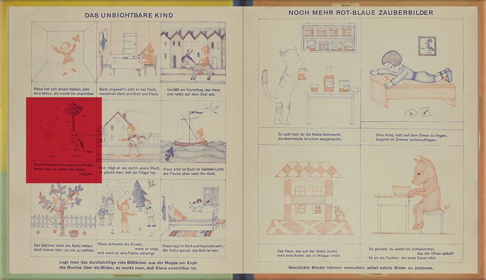 page 5-6 of The Magic Boat: Red cellophane is placed over pictures drawn in red and blue ink. The red ink becomes invisible, and only the blue ink areas can be seen.