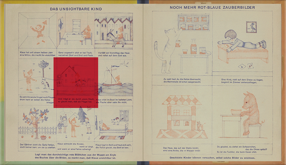 page 5-6 of The Magic Boat: Red cellophane is placed over pictures drawn in red and blue ink. The red ink becomes invisible, and only the blue ink areas can be seen.