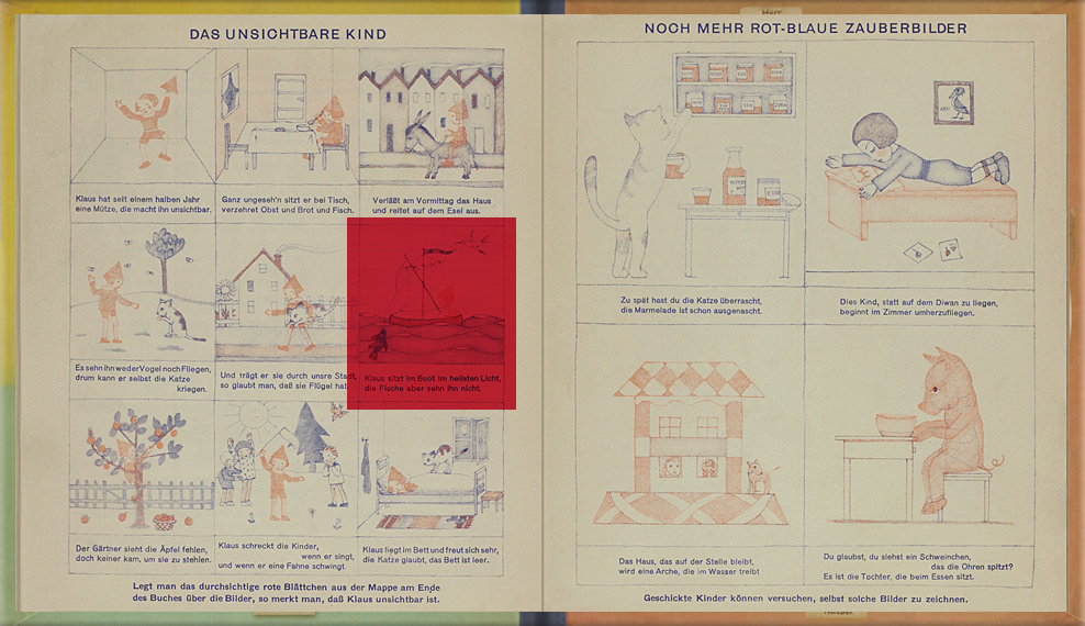 page 5-6 of The Magic Boat: Red cellophane is placed over pictures drawn in red and blue ink. The red ink becomes invisible, and only the blue ink areas can be seen.