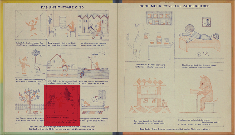 page 5-6 of The Magic Boat: Red cellophane is placed over pictures drawn in red and blue ink. The red ink becomes invisible, and only the blue ink areas can be seen.