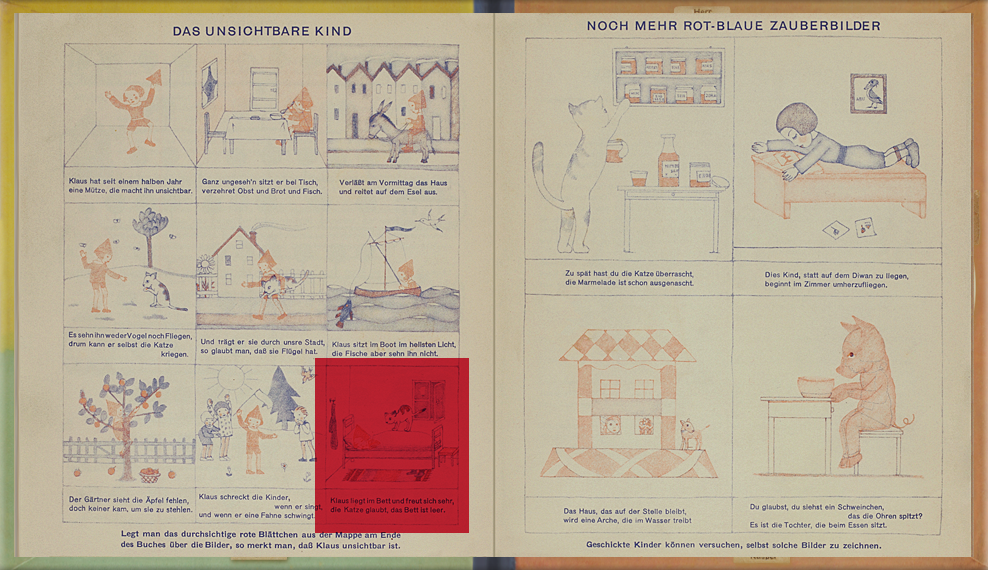 page 5-6 of The Magic Boat: Red cellophane is placed over pictures drawn in red and blue ink. The red ink becomes invisible, and only the blue ink areas can be seen.