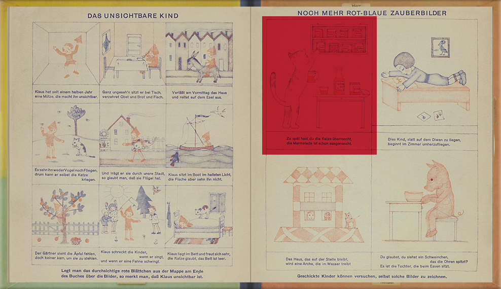 page 5-6 of The Magic Boat: Red cellophane is placed over pictures drawn in red and blue ink. The red ink becomes invisible, and only the blue ink areas can be seen.