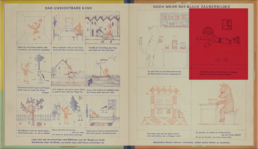 page 5-6 of The Magic Boat: Red cellophane is placed over pictures drawn in red and blue ink. The red ink becomes invisible, and only the blue ink areas can be seen.