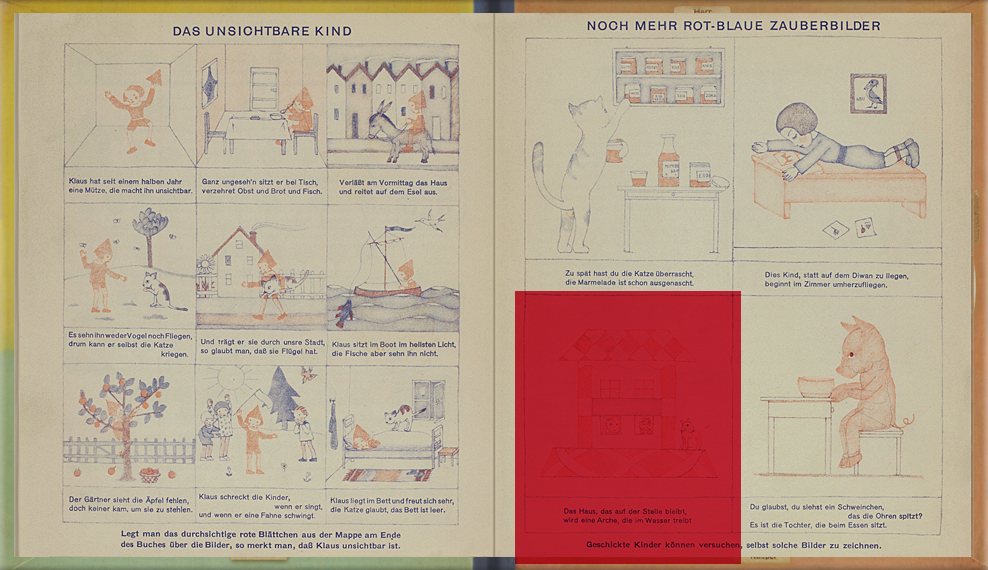 page 5-6 of The Magic Boat: Red cellophane is placed over pictures drawn in red and blue ink. The red ink becomes invisible, and only the blue ink areas can be seen.