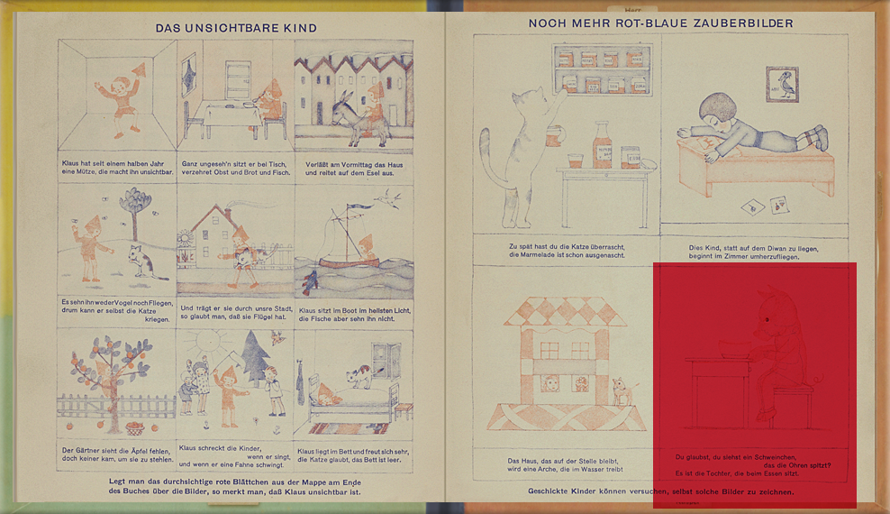 page 5-6 of The Magic Boat: Red cellophane is placed over pictures drawn in red and blue ink. The red ink becomes invisible, and only the blue ink areas can be seen.