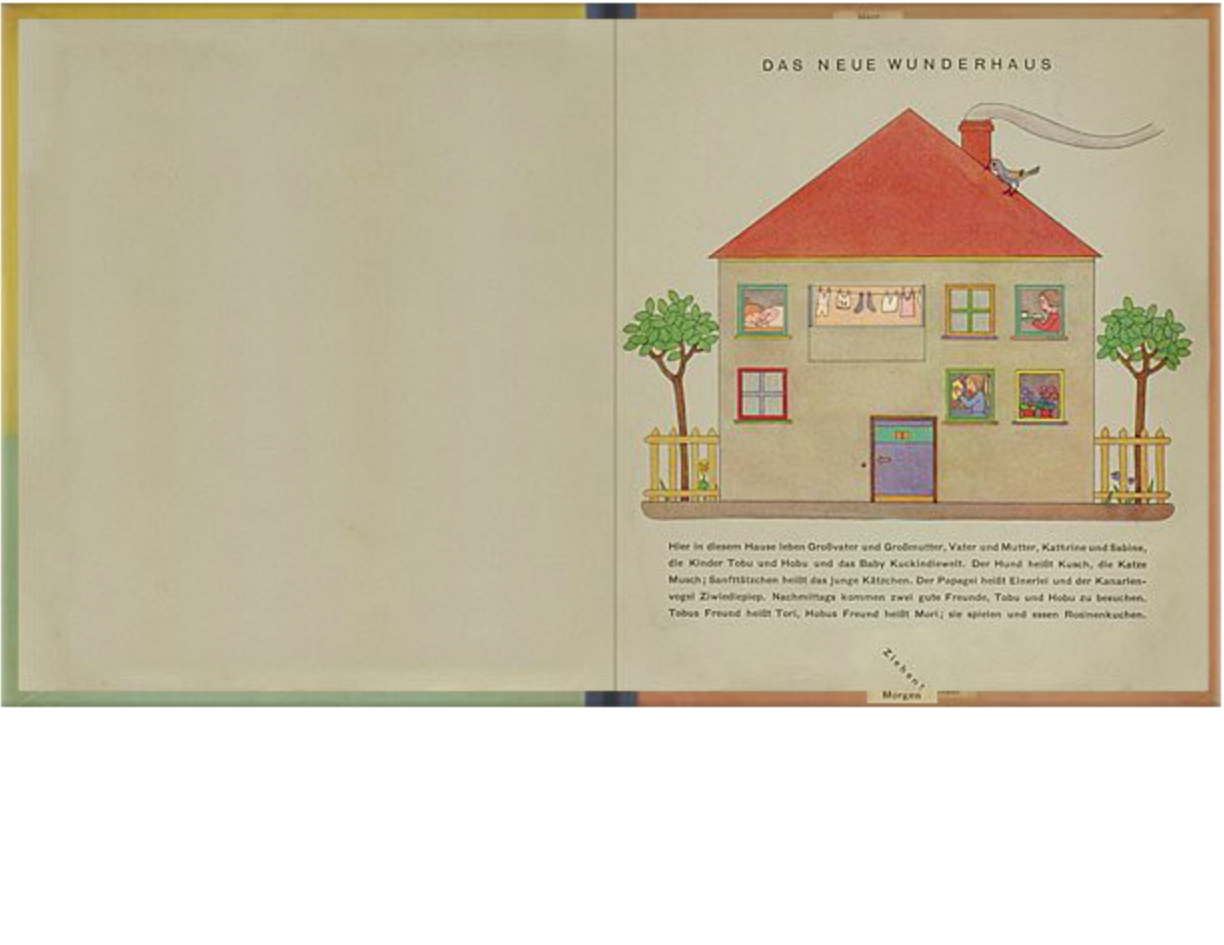 The Wonderful House: Early Morning. There is a tag at the bottom of the right page with “early morning” on it. Morning scenes can be seen in the four cut-out windows.