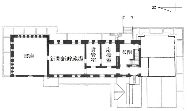 1906（明治39）年創建時の1階平面図です。北から順番に、書庫、新聞紙貯蔵場、貴賓室、応接室、玄関があります。