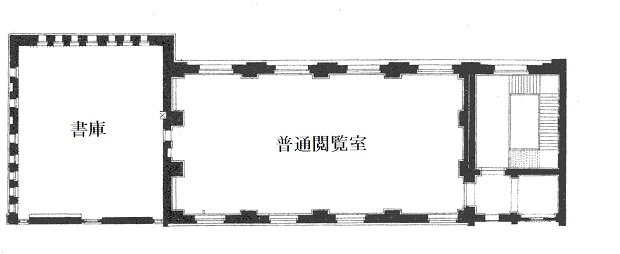 1906（明治39）年創建時の3階平面図です。北から順番に、書庫、普通閲覧室があります。