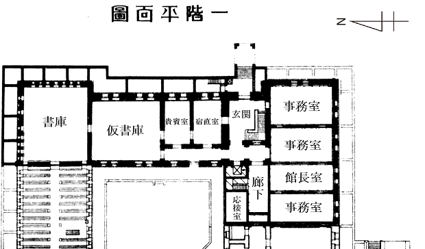1929（昭和4）年増築後の1階平面図です。北から順番に、書庫、仮書庫、貴賓室、宿直室、玄関、応接室、事務室、館長室があります。