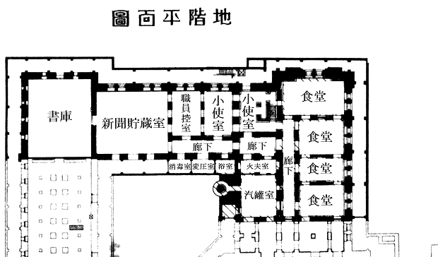 1929（昭和4）年増築後の地階平面図です。北から順番に、書庫、新聞貯蔵室、職員控室、小使室、消毒室、変圧室、浴室、火夫室、汽罐室、食堂があります。